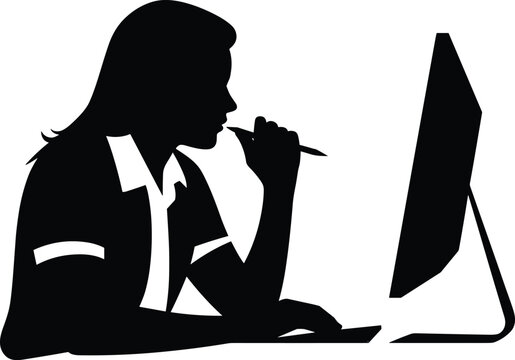 PrintOffice worker silhouette vector, computer desk icon, thoughtful study graphic, black and white design illustration, workplace focus art symbol
