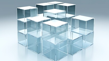 Obraz premium Cluster of transparent glass or acrylic cubes on a reflective surface with a gradient background