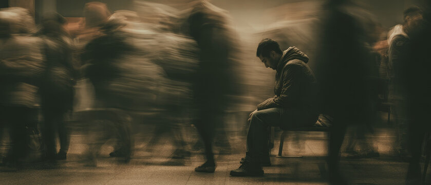 Man with adhd sits alone on bench in busy public space, showing adult struggle to focus amid blurred crowd moving quickly around him, evoking isolation and overwhelm