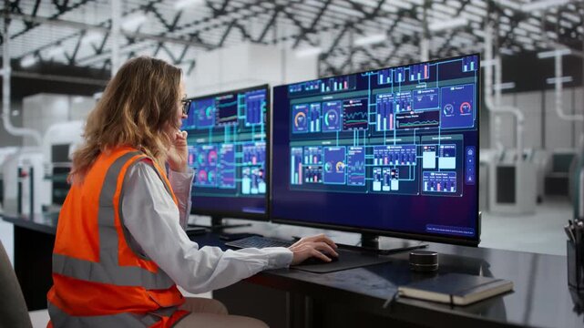 Modern Factory With Women SCADA Operator Controlling Technology Process