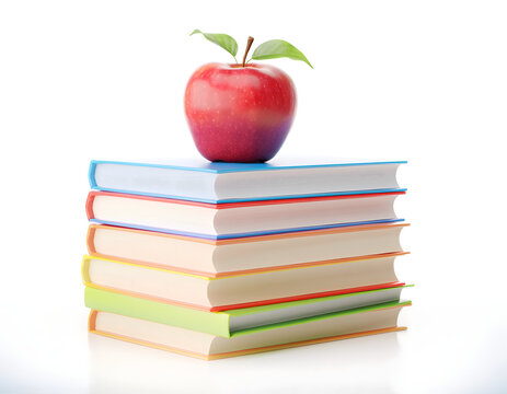 Stack of colorful books with a red apple on top against a white background