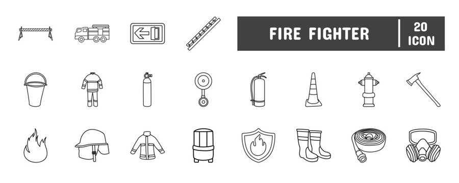 20 Fire Fighter Line Icon Illustration Set