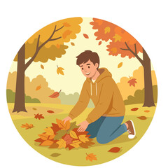 Man kneeling outdoors in park raking fallen leaves on ground enthusiastically