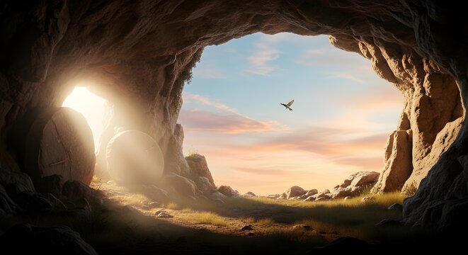 Easter sunday resurrection scene empty tomb with radiant light