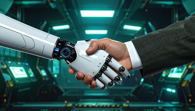 A handshake between a human and a robot symbolizing future technology and business
