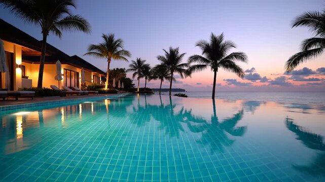Tranquil evening scene of a luxurious infinity pool reflecting palm trees and a vibrant sunset sky at a tropical resort near the ocean in a serene coastal setting