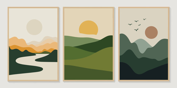 Landscape print set, left artwork showing winding white river through dark green hills with pale yellow sun, middle artwork featuring rolling green hills with large yellow sun for nature and scenery d
