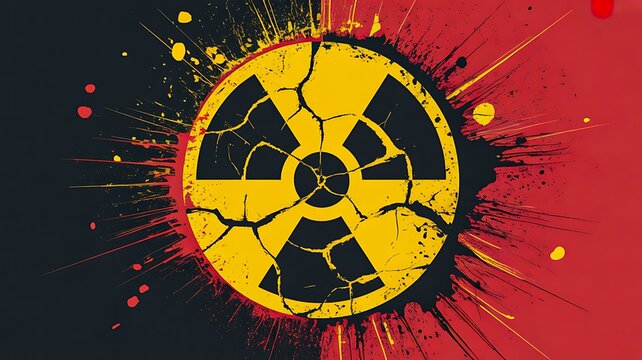 Abstract illustration of radioactive hazard symbol with red and yellow paint splash effect