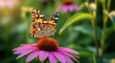 Obraz premium A beautiful butterfly perched on a vibrant purple flower in a lush garden