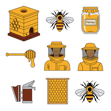 Collection of bee-keeping equipment and honey-related items, presented in a clean, flat illustration style.