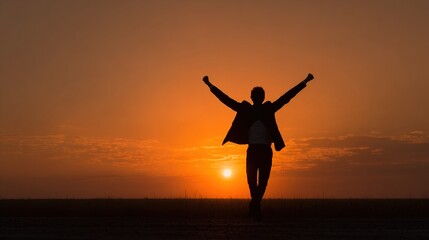 Fototapeta premium momentum. Silhouetted figure against a golden sunset sky, symbolizing freedom and breakthrough. inspiring travel planning.
