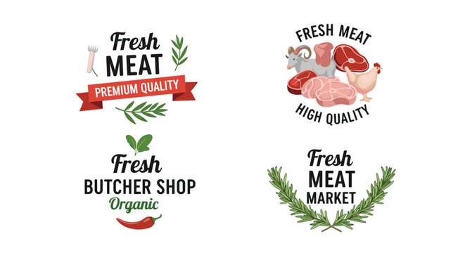 Set of butchery and fresh meat shop labels with illustrations of cow chicken pig and goat combined with rosemary branches.