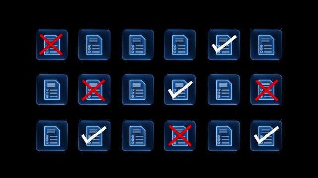 Document verification and approval process with digital checklist concept on the transparent background. Accepted and rejected files focusing on data accuracy. 4k video animation.