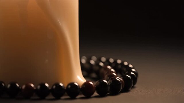 Close-up of a white candle and a beaded bracelet