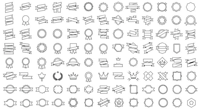 Huge collection of black outline ribbon banners badges seals and decorative frames for graphic design and branding.