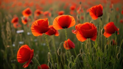 Fototapeta premium Field of Bright Red Poppies in Soft Sunlight