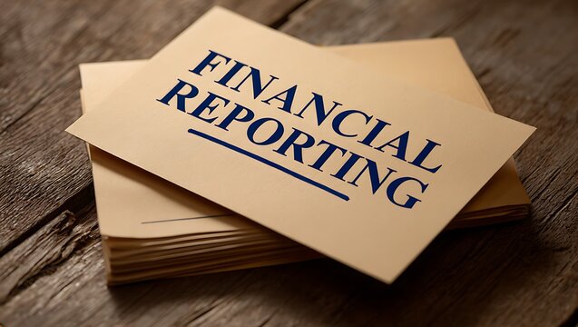 Financial Reporting Stack of index cards with text closeup, lying on wooden desk. Audit concept. Preparing finance data. Accounting.
