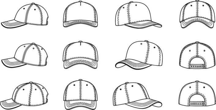Collection of baseball caps shown from multiple perspectives and angles.