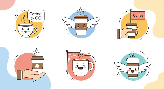 Adorable collection of kawaii coffee cup characters and hands holding take out beverages for cafe branding and menu decoration projects.