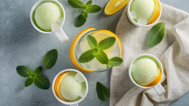 Refreshing melon sorbet and cool cocktail with mint and orange peel