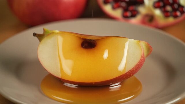 Honey dripping onto a fresh red apple slice