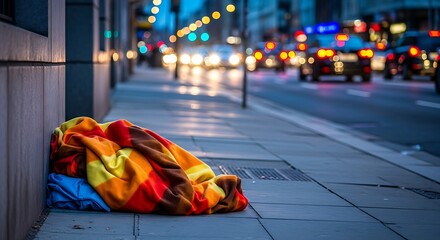 Obraz premium Homeless Person's Belongings on a Busy City Street Sidewalk at Night