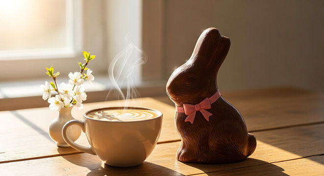 Chocolate easter bunny figurine sitting on wooden table next to steaming cup of coffee with latte art and white spring flowers in vase by window