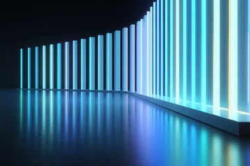 Obraz premium Abstract glowing neon light columns in a futuristic hall with reflective floor