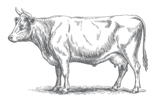 Farm cow sketch drawing. Hand drawn farm animal in vintage black and white ink line art style.