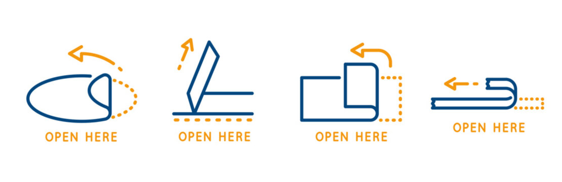 open here icons, set icon of peel off sticker, sticker open, peel off duct tape, outline vector with editable stroke