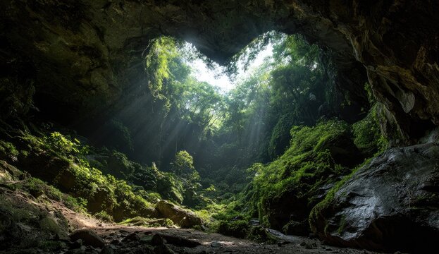 Sunlight streams through a heart-shaped opening in a lush, green cave
