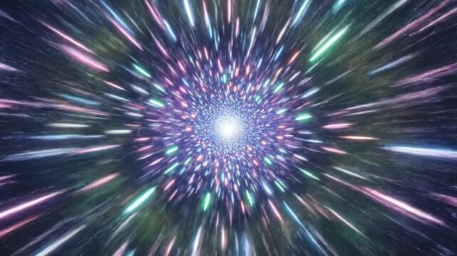 Vibrant, multicolored light streaks radiate from a central white point against a dark background with a dynamic, energetic mood.