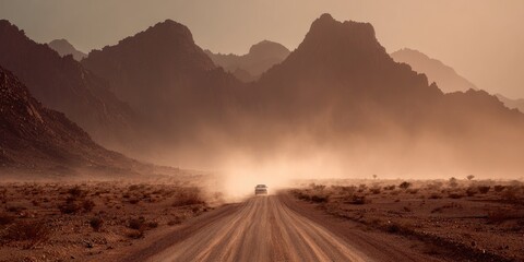 Fototapeta premium A solitary vehicle kicks up dust on a remote dirt road amid rocky mountains