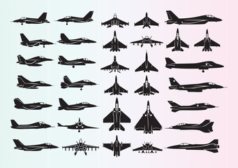 Obraz premium Collection of various modern fighter jet silhouettes and aircraft designs isolated in one image