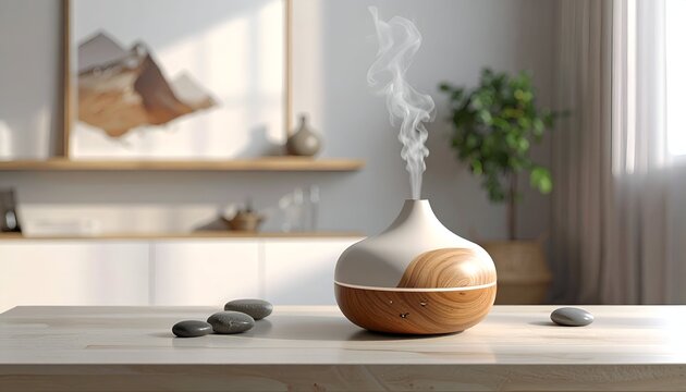 Modern home interior showcases a wood and white diffuser with rising steam, stones, and decor
