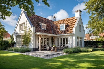 Fototapeta premium Charming house with garden and patio in a suburban area during a sunny day with blue skies and green grass offering a relaxing outdoor space for gatherings