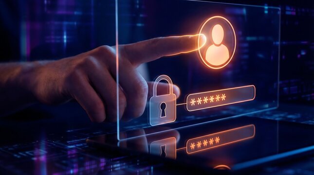 A human hand interacts with a futuristic, glowing holographic login interface displaying a user profile icon, a padlock, and a password field over a dark background.