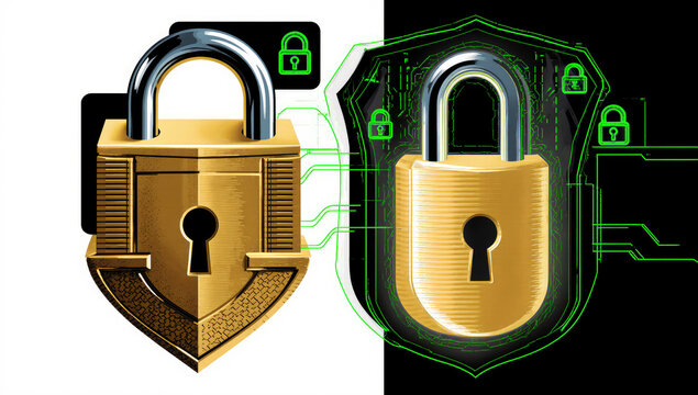 Golden padlock and shield symbol split black and white background representing network security and digital protection with circuitry lines and small lock icons conveying cybersecurity confidence