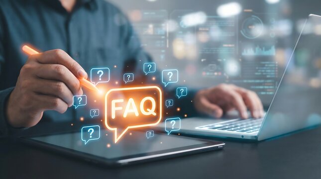 A person is using a stylus on a tablet beside a laptop, interacting with a prominent orange glowing 'FAQ' speech bubble and numerous question icons.