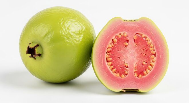 A whole guava fruit and its cut half revealing juicy interior flesh and seeds