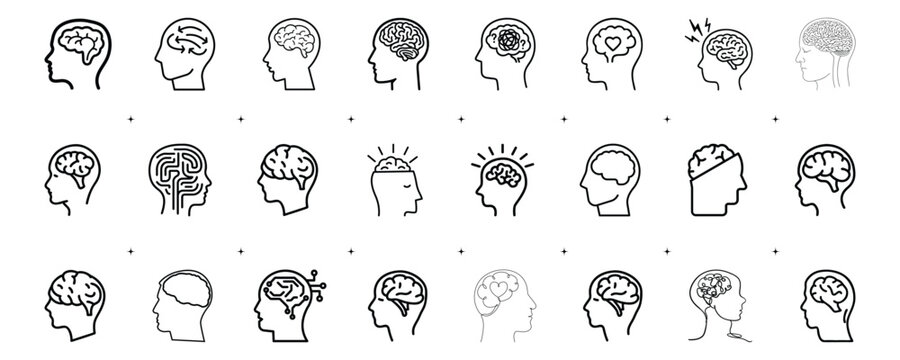 human head with brain outline icons set