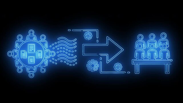 Neon-lit blue flowchart illustration showing data processing and transfer to a group of people sitting at a table against a dark background.