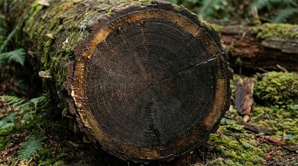 Moss-covered tree trunk cross-section in lush forest showcasing growth rings and textured bark