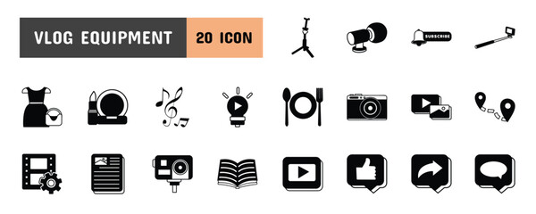 20 Vlog Equipment Glyph Icon Illustration Set © ahmadwil