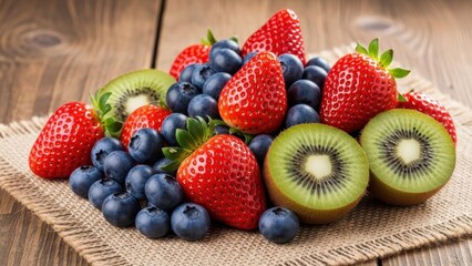 Obraz premium Fresh Assortment of Strawberries Blueberries and Kiwis on Rustic Surface