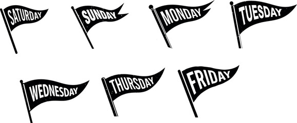 Fototapeta premium A black flag waving icon set with the word saturday to friday written on it on transparent background