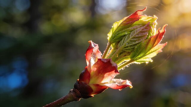 Pristine Slow Motion Capture of a Single Maple Bud Opening in Sunlight