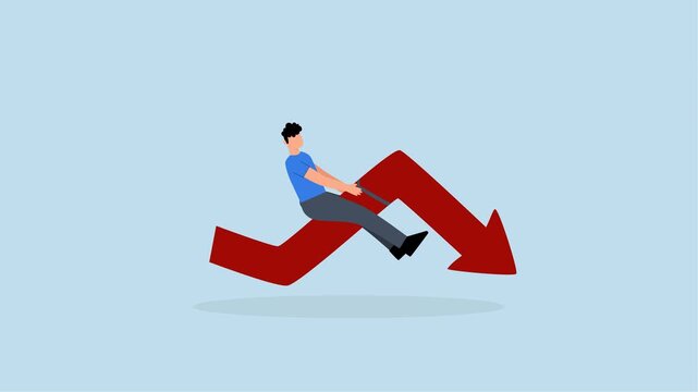 crypto currency crash and going down, 4k animation of Entrepreneurial investor participating in rodeo experiences decrease in the red arrow graph, facing uncertainty.