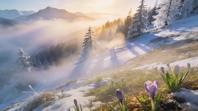 Enchanting Aerial View of Mist Dancing Over Scattered Snow and Emerging Foliage in Spring