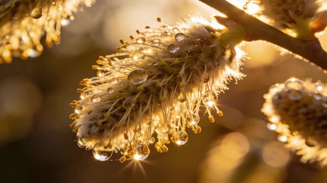 Willow Catkin Close-Up with Droplets at Golden Hour